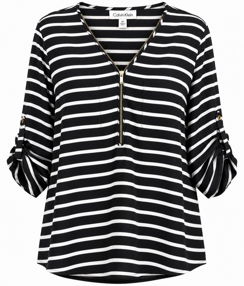 EUC Calvin Klein 2X Womens Black White Stripe Zipper V-Neck Roll Tab Blouse